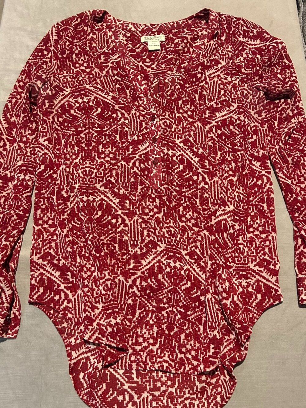 LUCKY BRAND Red Ikat Medallion Border Print Long Sleeve Blouse XS